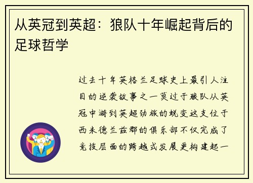 从英冠到英超：狼队十年崛起背后的足球哲学