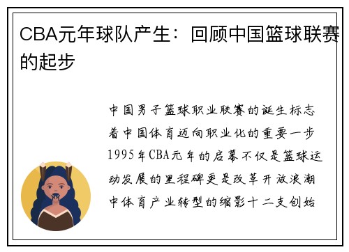 CBA元年球队产生：回顾中国篮球联赛的起步