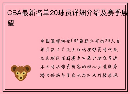 CBA最新名单20球员详细介绍及赛季展望